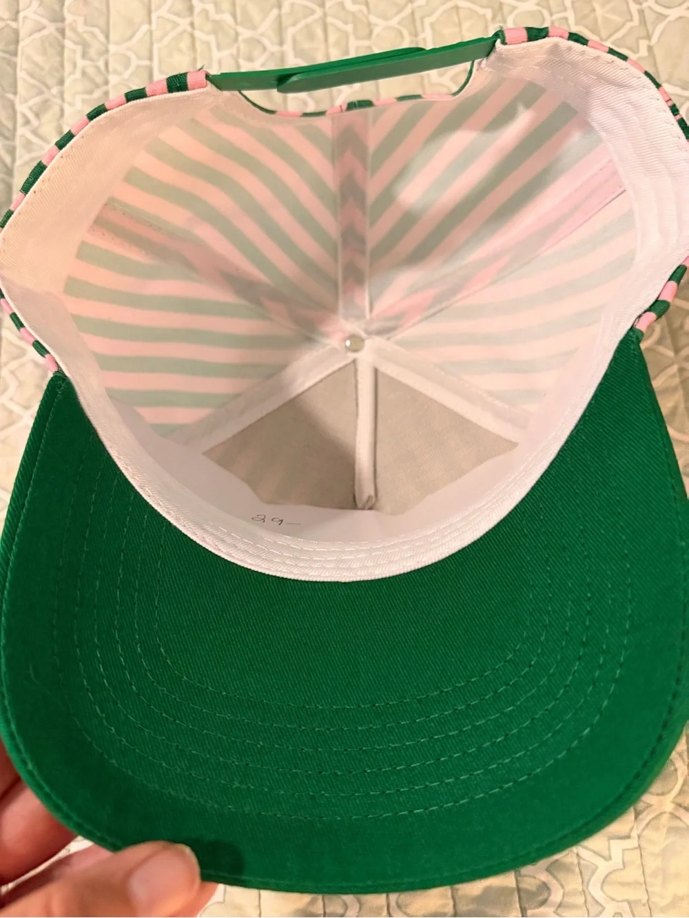 Pink & Green Striped 'LATER' Cap with Crocodile Embroidery
